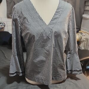 White House Black Market Gingham Blouse with Flared Sleeves